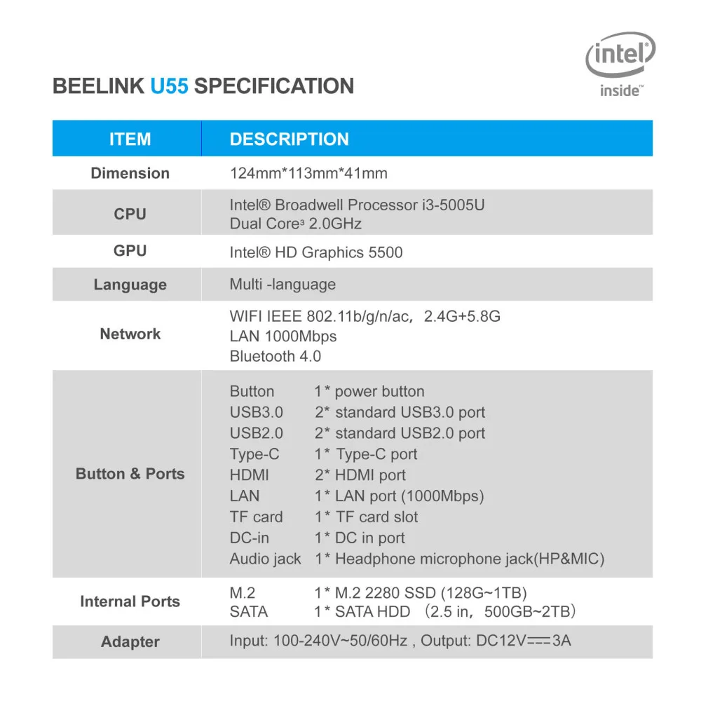 Beelink U55 Мини ПК Intel Core i3-5005U четырехъядерный Intel HD Graphic 5500 8 Гб ram 2,4G/5,8G WiFi 1000 Мбит/с BT USB3.0 телеприставка