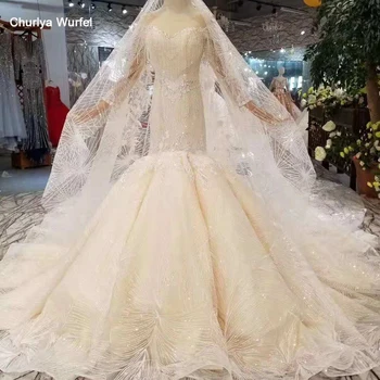 

LSS357 mermaid wedding dresses tassel o-neck long tulle sleeves keyhole back trumpet bride gowns wedding dress with wedding veil