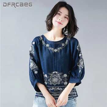 

Summer Tops For Women 2019 O Neck Loose Lantern Sleeve White Red Blue Linen Tshirt Female Chinese Style Embroidered Tee shirt