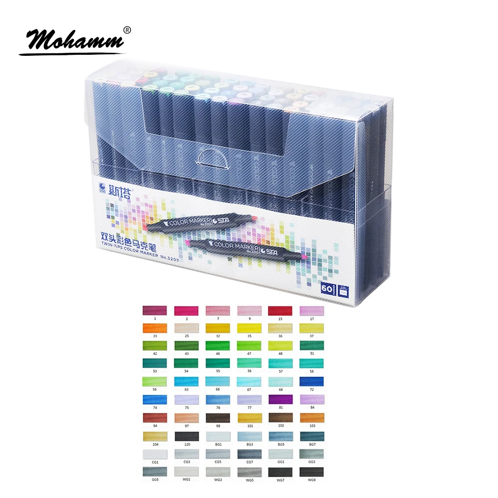 

STA 12/24/36/48/60 Colors White Black Marker Set Dual Head Sketch Markers Brush Pen For Draw Manga Animation Design Art Supplies