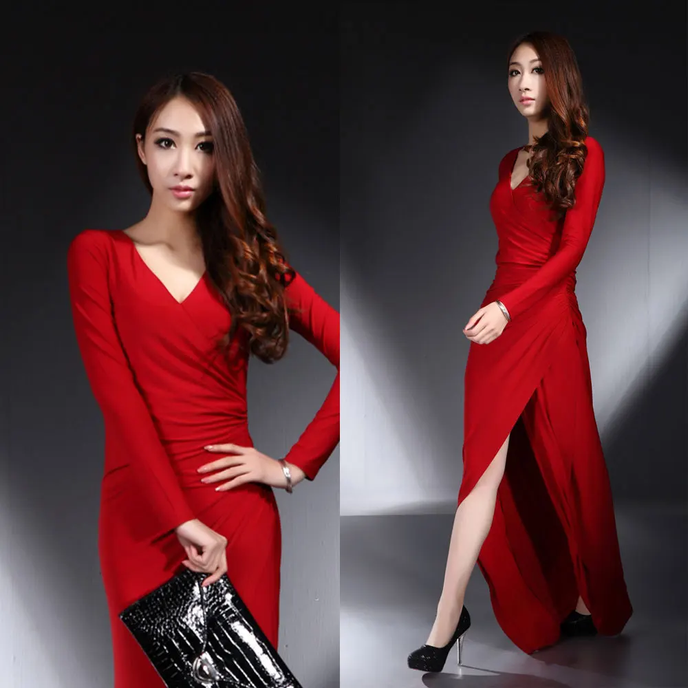 2013 Long Sleeves V Neck Sexy Split Slim High Low Red Formal Prom