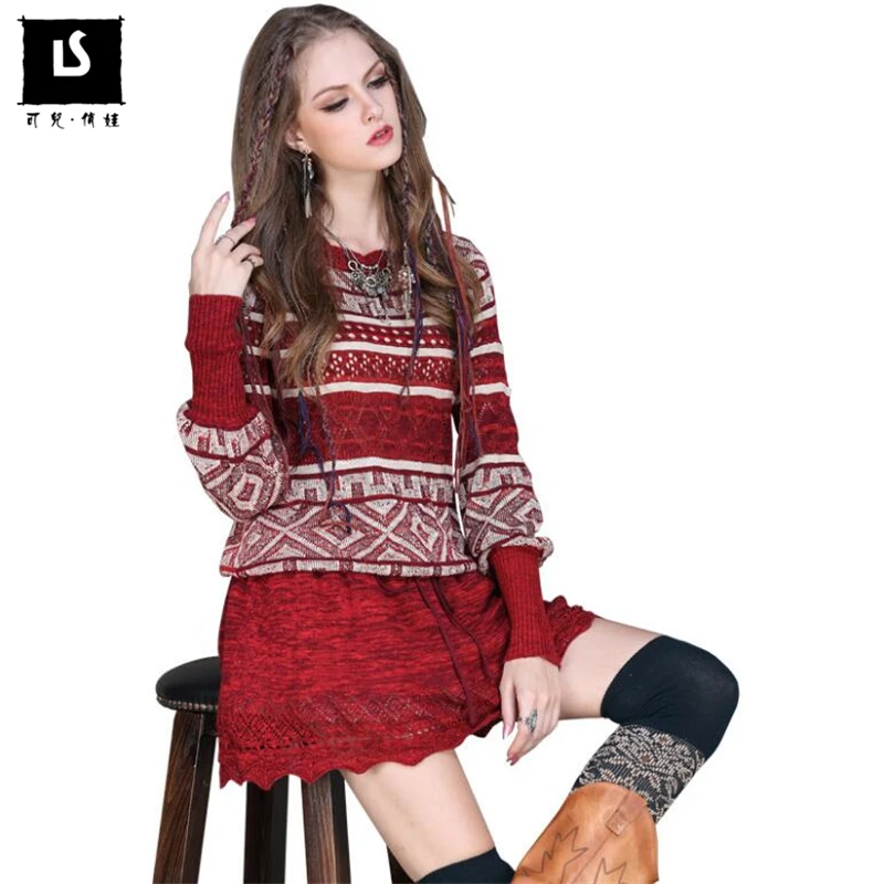 

2018 Autumn Winter Dress Women Vintage Hit color hollow wool Sweater Dresses Lantern sleeve Slim Knitting Sexy hollow Mini Dress