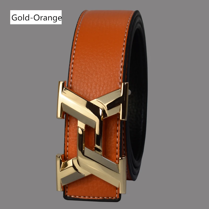 Luxury Belts for Men Fashion Business Casual High Quality Smooth Buckle Designer Male Leather Belts - Цвет: Gold Orange