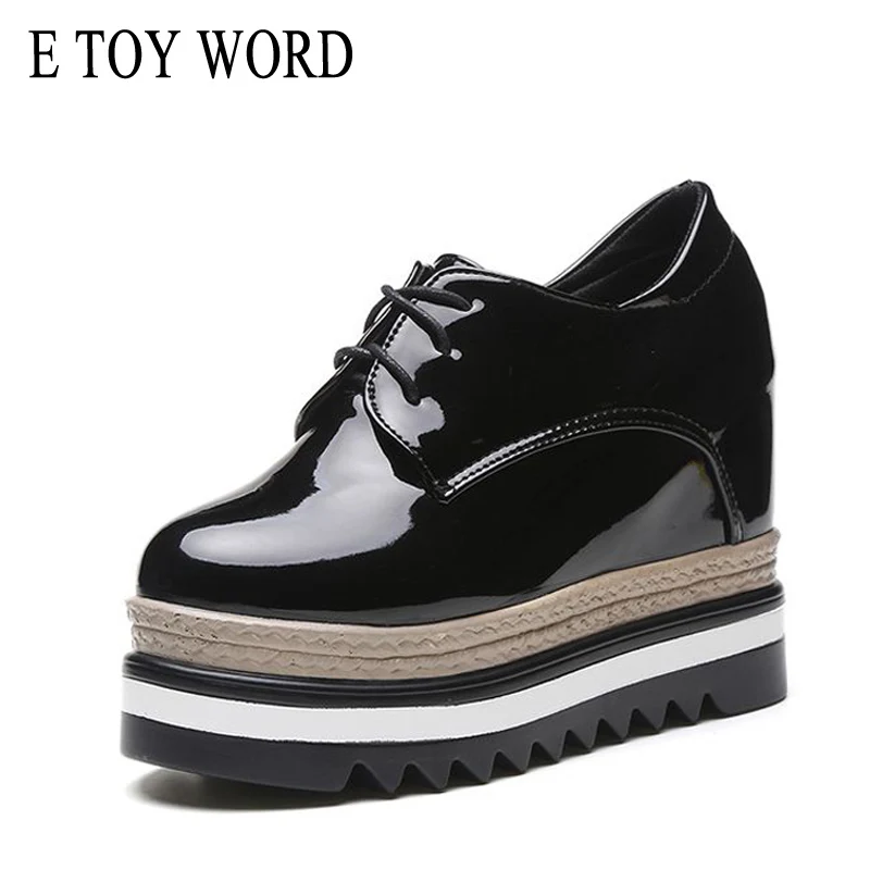 

E TOY WORD Platform Shoes Height Increasing 10cm Women Shoes PU Leather Lace-Up flat Casual Shoes Flat Platforms British Style