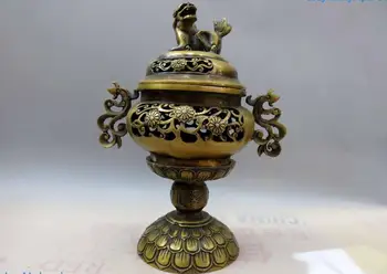 

10" China brass copper Foo Dogs Lion and dragon flower Incense Burner Statue