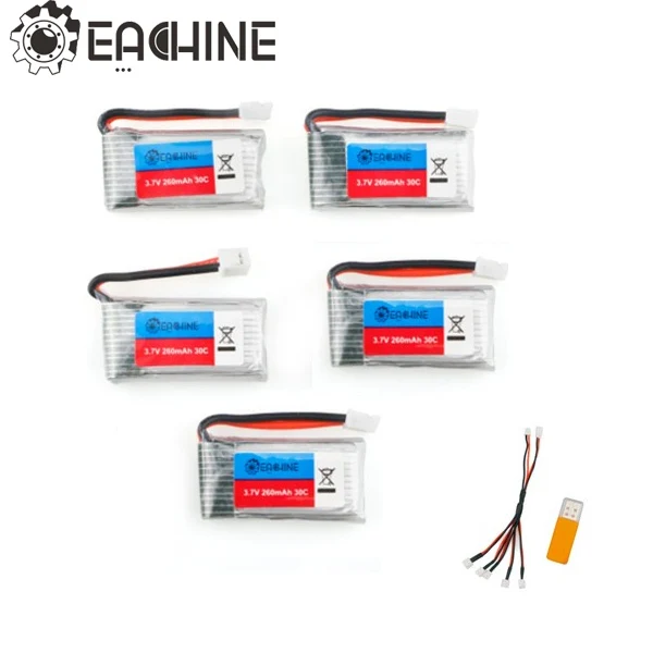 

Original 5pcs RC Quadcopter Spare Parts Eachine E011 3.7V 260MAH 30C Battery With USB Charger For RC FPV Racing Drone Models