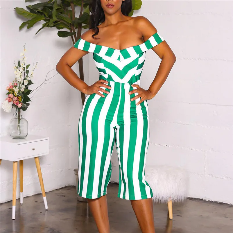 Fashion summer jumpsuit woman 2018 Sexy Off Shoulder V-Neck Striped Printed Strapless Wide-Leg Pants pantaloni siamesi Y12#N (11)