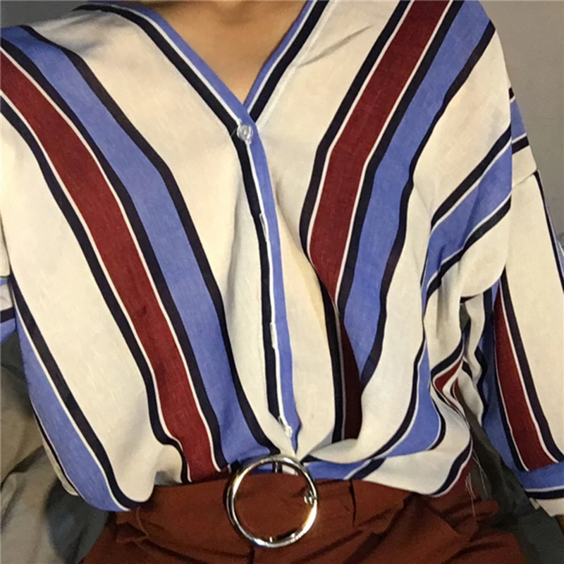 

GAOKE Spring Autumn blouse fashion casual women stripes shirt sexy V-neck batwing sleeve loose blouse elegant ladies Tees Tops