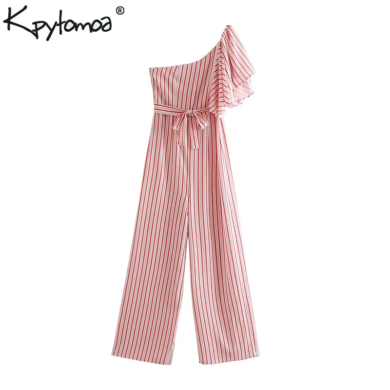 

Vintage Stylish Striped One Shoulder Ruffles Jumpsuits Women 2019 Fashion With Sashes Side Zipper Rompers Casual Bodysuit Femme