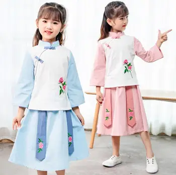 

Chinese Traditional Costumes 4-18Y Girls hanfu Kids Girls Cosplay Performance 2pcs/set Cheongsam Clothing Set Children Clothes
