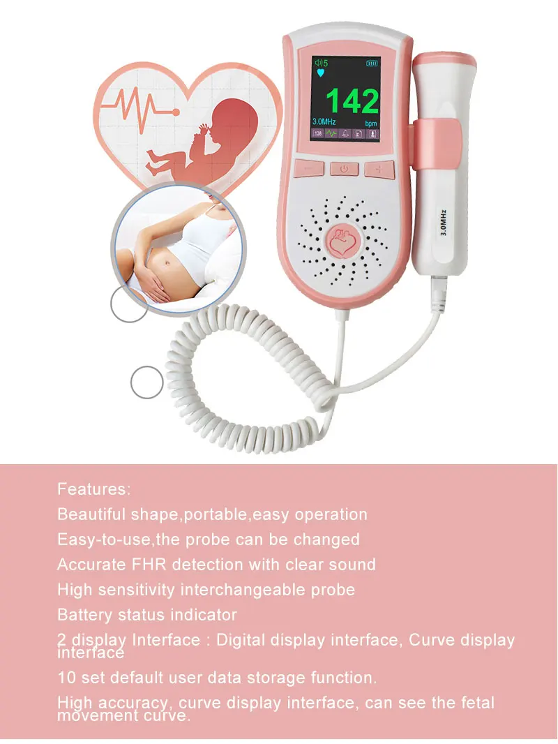 Розовый фетальный допплер пренатальный монитор для детского сердца 3 МГц зонд двойной интерфейс дисплей цветной ЖК-дисплей карман