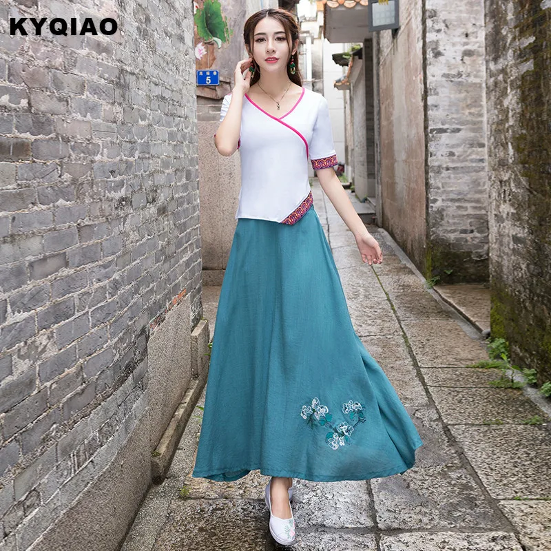 

KYQIAO Women long ethnic maxi skirt 2019 female autumn elegant vintage long blue midi skirt traditional Chinese clothing
