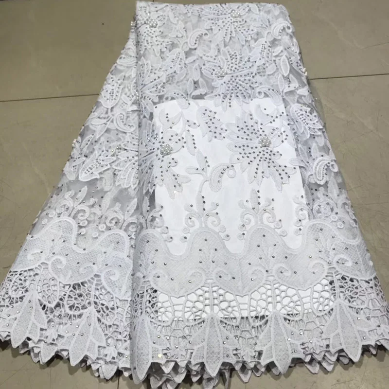 

(5yards/pc) High quality pure white African party lace fabric wonderful embroidered French net lace with beads and stones FLV77