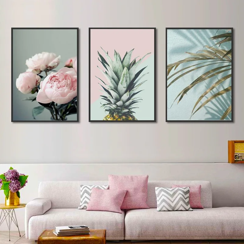 

Nordic Poster Pink Flower Green Blue Leaf Art Wall Pictures for Living Room Modern Home Decoration Pineapple Canvas Painting