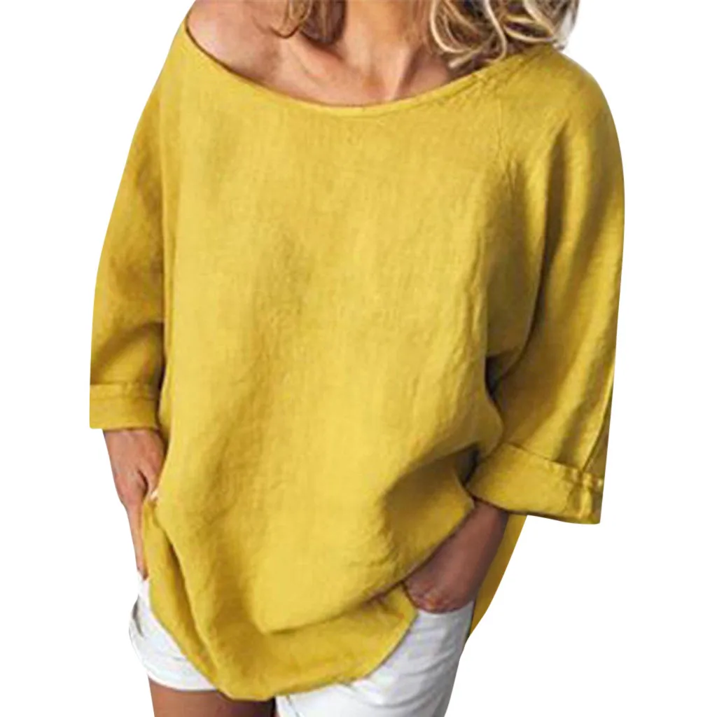 

Summer Fashion Solid Cotton Linen Blouse Ladies O-Neck Loose Tee Tops Female Women's 3/4 Sleeve Shirt Blusas Femininas Pullover