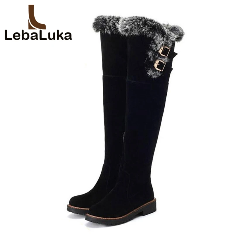 LebaLuka Women Winter Thigh High Boots Zipper Warm Plush Fur Shoes