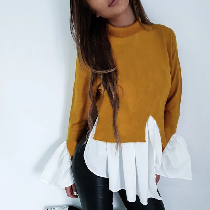 

2019 New Women Autumn Spring T-shirt Ruffles Patchwork Slim High-collar Long-sleeved T-shirt Wome Ladies Bottoming Shirt