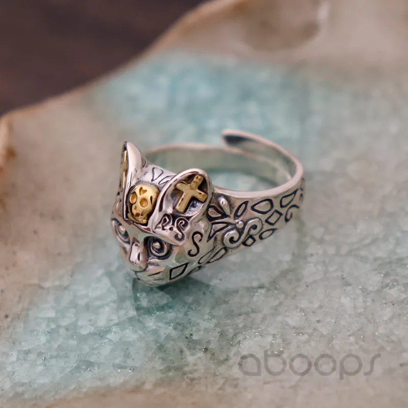 Adjustable Vintage Two Tone 925 Sterling Silver Cat Head Ring Biker Jewelry for Men Women Free Shipping Fashion Jewelry