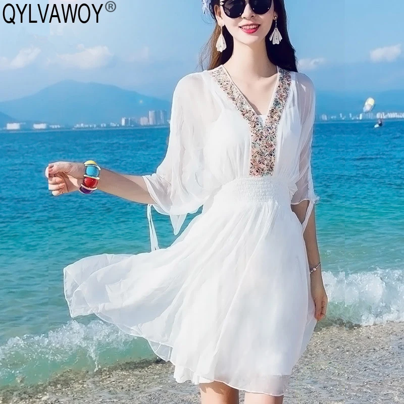 Boho пляжное летнее шелковое платье женская одежда винтажное корейское Сексуальное мини Белое платье элегантные женские платья Vestidos MW923