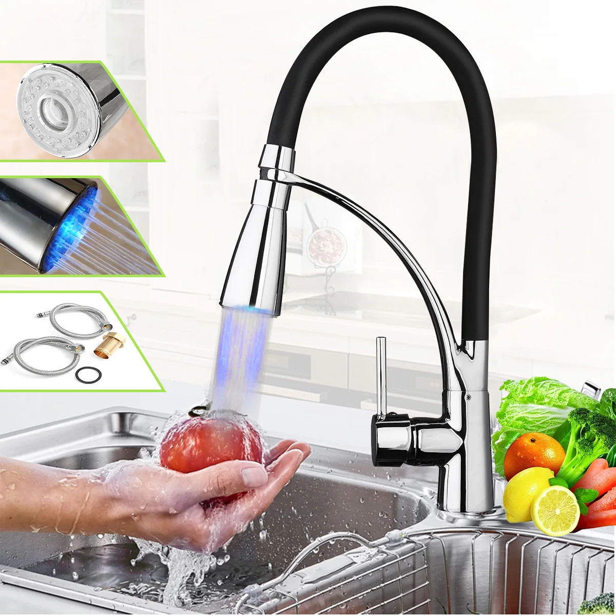 

Chrome Kitchen Sink Faucet Pull Out Sprayer Single Hand Mixer Tap Deck Mount LED Basin Faucets For Home Kitchen Bathroom