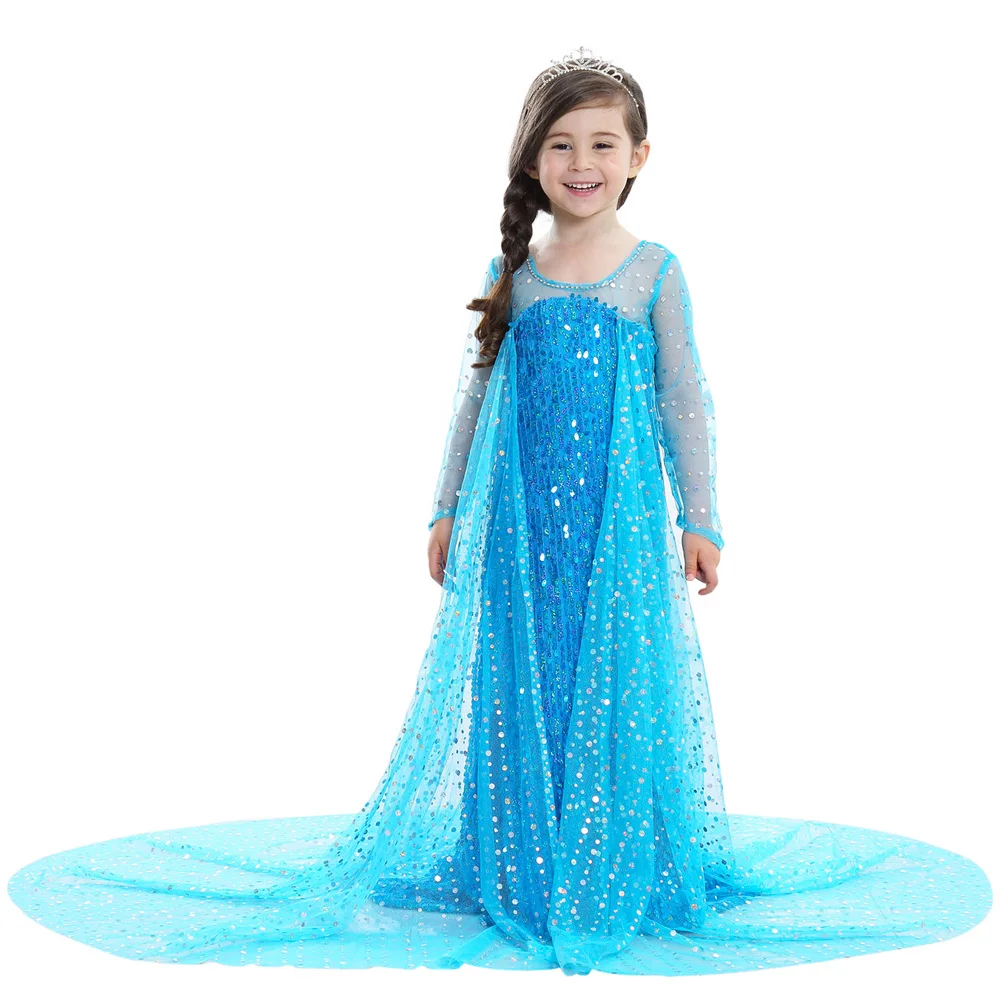 Пайетки платье Эльзы для девочек с длинной накидкой Принцесса Девушка Голубой цветок девушка платье Снежная королева косплей костюм