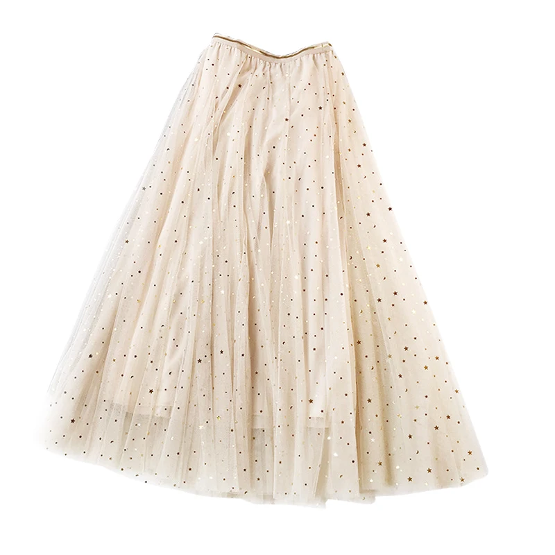 

Korean Elegant High Waist Pleated Fairy Tulle Skirt Women Shiny Five-pointed Three-layer Mesh 2018 Autumn Midi Skirt Female