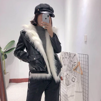 

2018 winter new Korean version of the chic two-piece Faux Fur vest pu leather motorcycle jacket coat women's suit