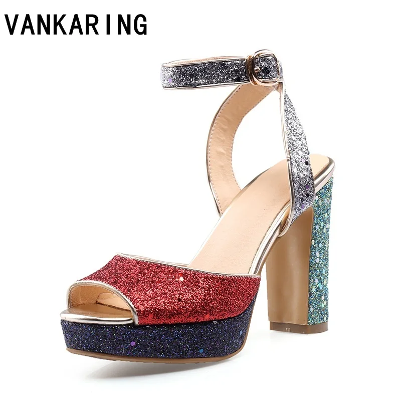 

VANKARING summer party dress shoes glitter sandals super high heel sexy peep toe ankle strap platform sandals in women's sandals