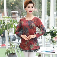 С длинным рукавом цветочные кружева футболка Топы для Для женщин Весна-осень кнопки o-шея плюс Размеры 5XL мать одежда Повседневное тонкий мама пуловер