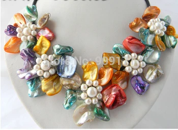 

Free Shipping>> 18'' Handmade 50MM Multicolor Shell White Freshwater Pearl Flower Necklace