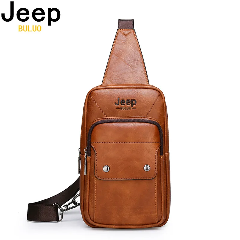 Мужская нагрудная сумка JEEP BULUO черная кожаная через плечо для