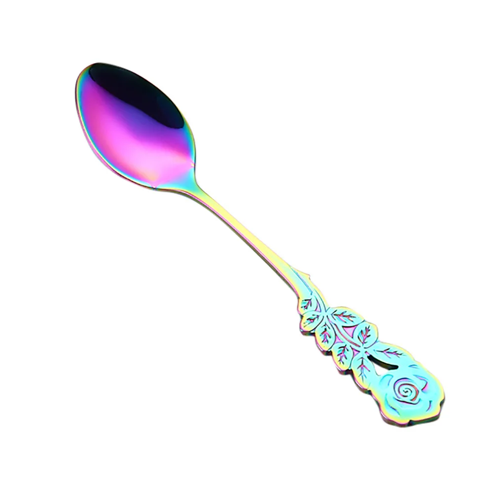 Нержавеющая сталь ложки с цветами Кофе Чай Spork Столовые приборы десерт салат инструмент - Цвет: D