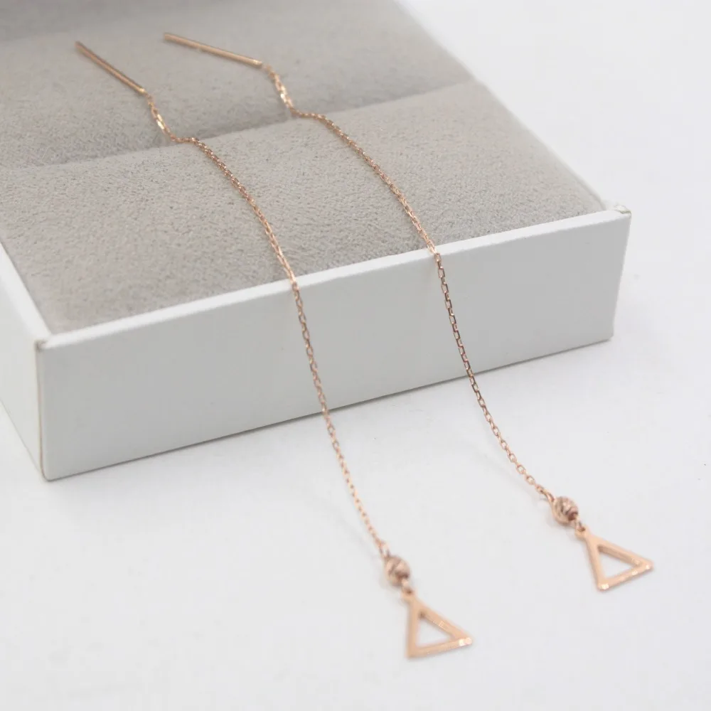 

Authentic 18K Rose Gold Earrings Triangle O Cable Link Chain For Women Girl Drop Earrings Line 110mmL 1.3-1.5g Hot 2019