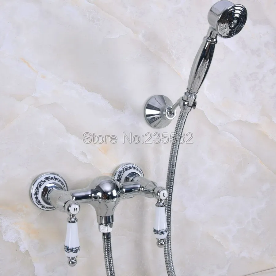

Chrome Wall Mounted Bath Shower Faucet Mixer Tap W/Hand Shower Set l lna287