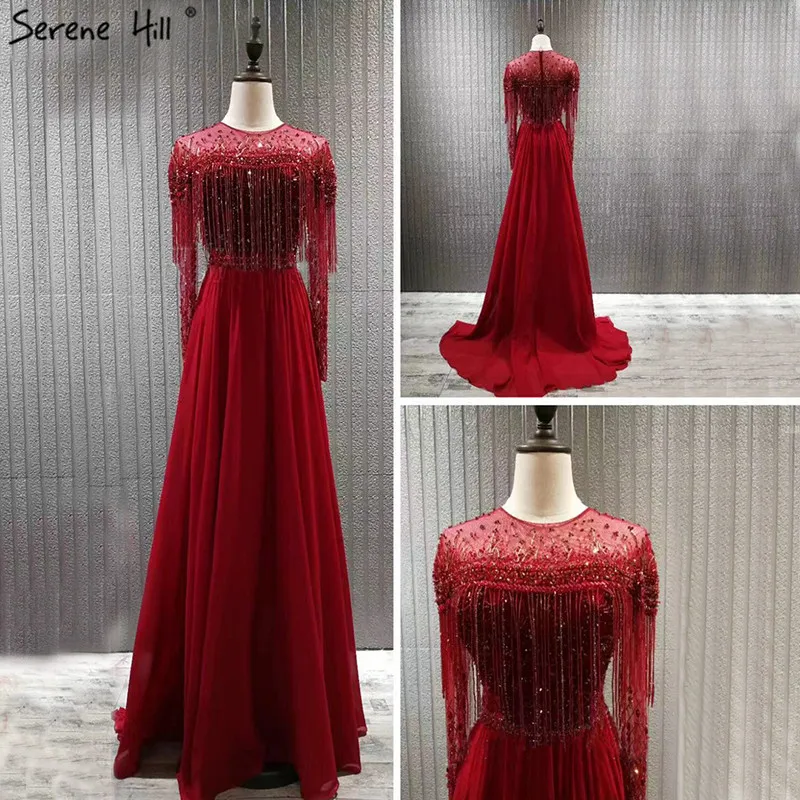 

Red Long Sleeve Dubai Design Prom Dresses O-Neck Beading Tassel Luxury Prom Gowns 2019 Serene Hill BLA60849