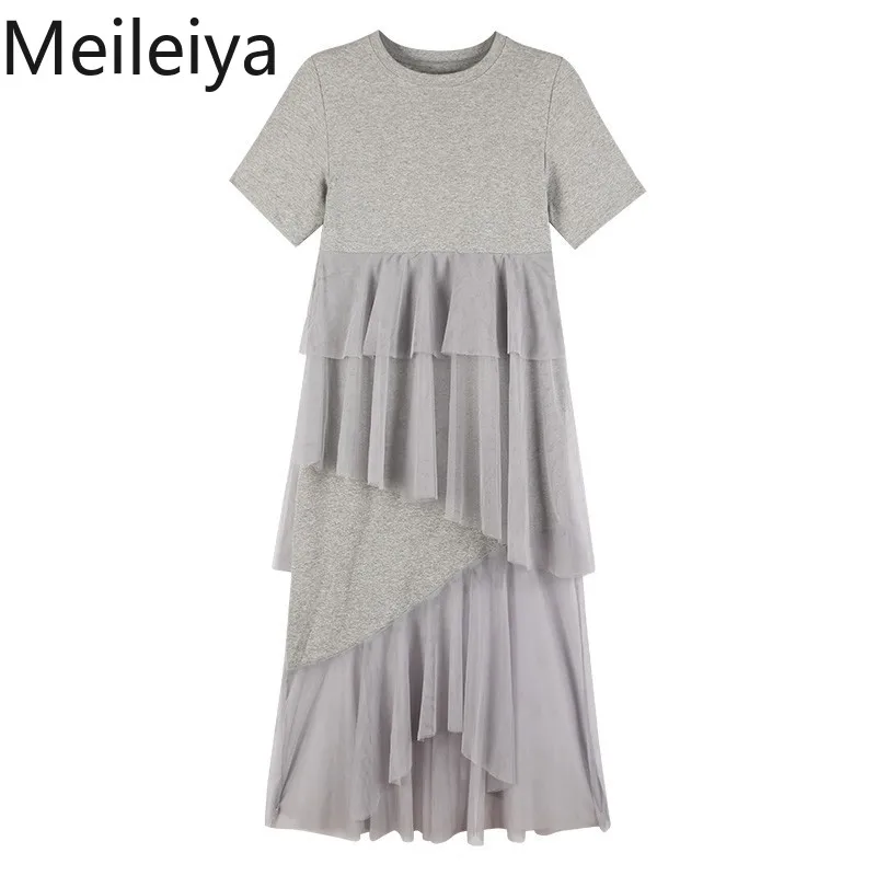 

2019 Spring and Summer Long Section Over The Knee Irregular Mesh Short-sleeved Dress Women's Slim Fairy Dress