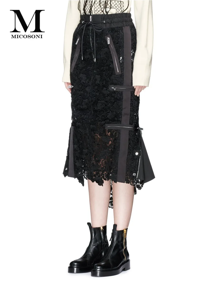 Европейская роскошная Женская Высокая мода полная новая Водорастворимая ажурная кружевная Длинная тонкая юбка черно-белая Нижняя юбка