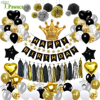 

93pcs/set Gold&Black Happy Birthday Party Sets Star Foil Confetti Transparent Latex Balloons+Banner Crown Party Decor