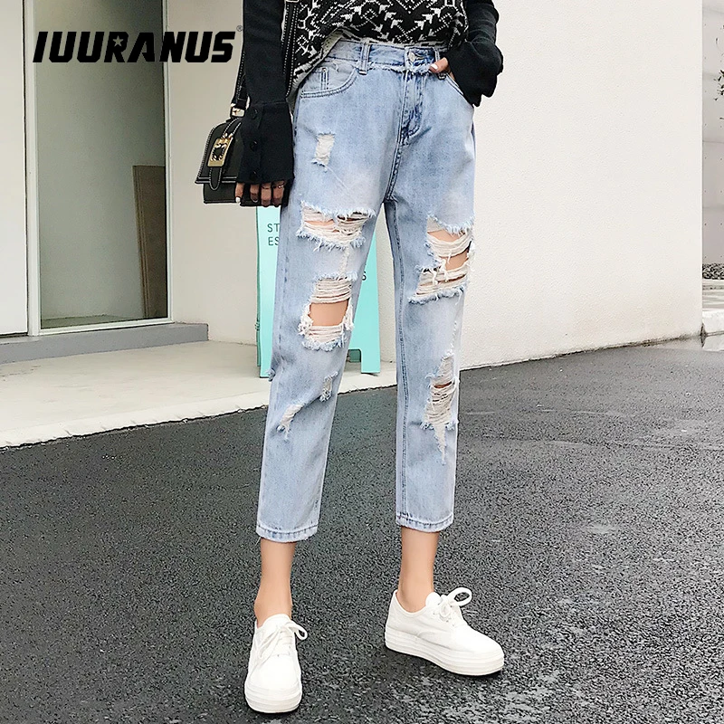 

IUURANUS Blue Ripped Distressed Boyfriend Ankle Denim Jeans Women Casual Summer Autumn Plus soft Ankle Length Women Jeans