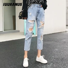 купить! IUURANUS Синие рваные рваные бойфренды лодыжки Джинсы женские повседневные лето осень плюс мягкие