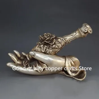 

China Buddhism archaize white copper Buddha hand peony statue