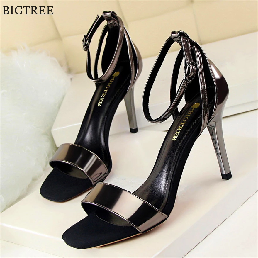 

New Concise Peep Toe Buckle OL Office Shoes Women Sandals Fashion Solid Patent Leather High Heels Show Thin Brand Women's Shoes