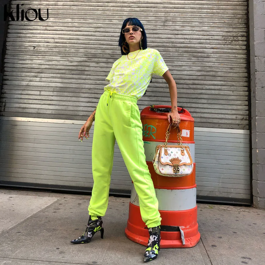

Kliou 2019 new arrival women solid green elastic high waist cargo pants drawstring pockets full length female workout trousers