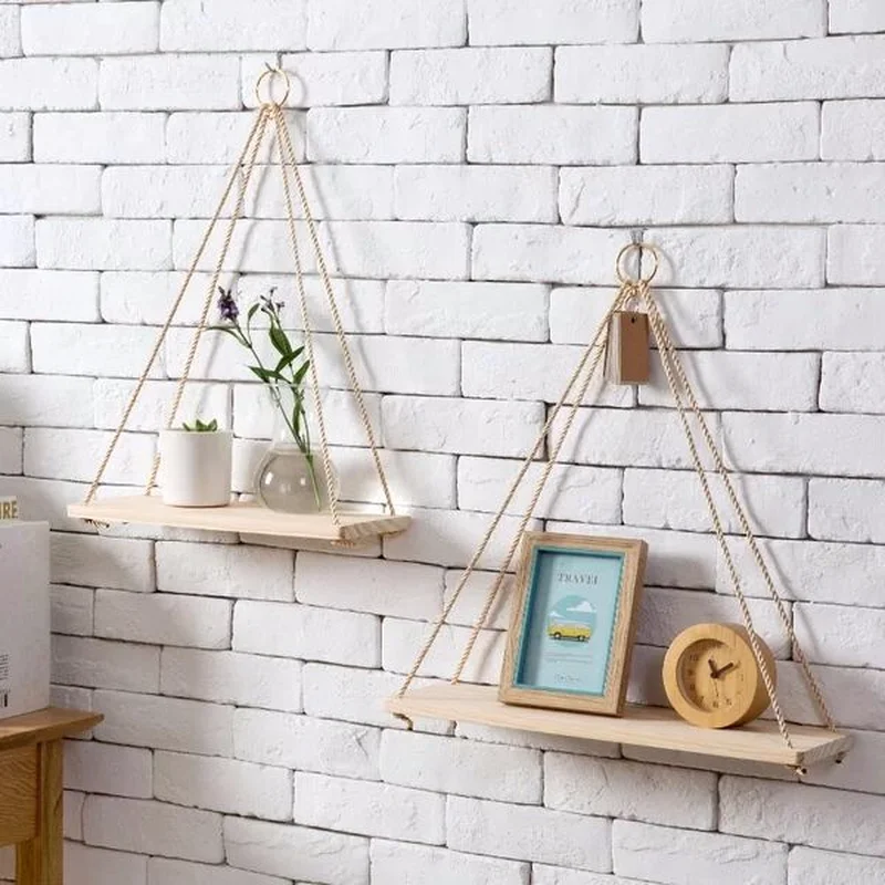 

Household Wall Hanging Shelf, Room Organizer with Dangling Hook, Wooden Storage Rack, Decorative Wall Holder for Flower Pot