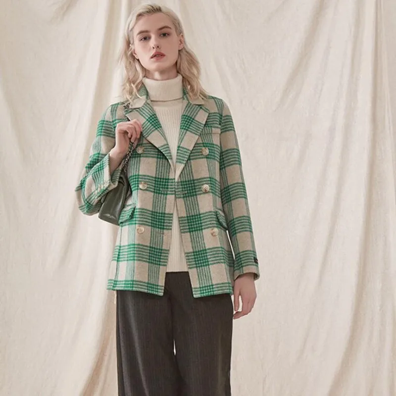 Women Wool Green Plaid Blazer Femme Jacket Double Breasted Long Sleeve