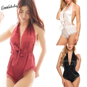 

Sexy Lingerie Women Silk Lace Robe Dress Babydoll Nightdress Nightgown Sleepwear Women V-neck Bandage Backless Solid Nightgowns