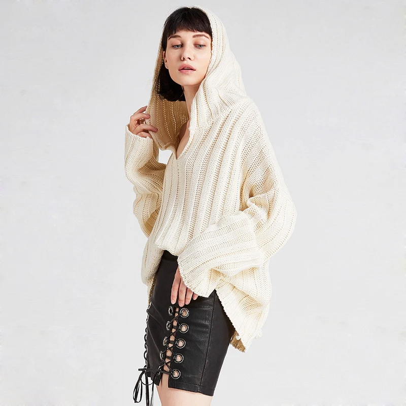 MY MAYAASOS Beige Hooded Sweaters Women Dropped Shoulder Full Sleeve Knitted Female Tops Loose Casual Lady Pullovers | Женская одежда