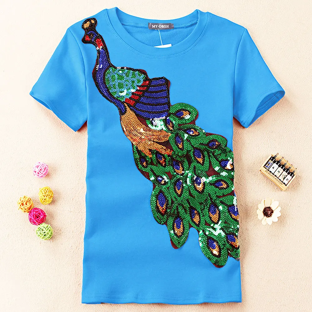 Новая модная Эстетическая футболка в стиле Харадзюку, Элегантные Топы И Футболки с короткими рукавами и вышивкой в виде павлина и пайеток, модная повседневная парная футболка - Цвет: O Neck Sky
