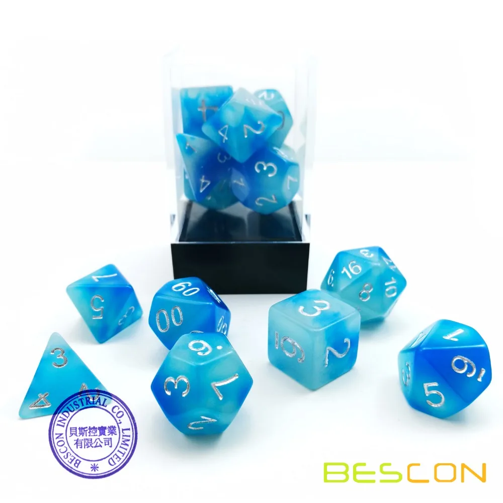 Bescon Gemini Glowing Polyhedral Dice 7pcs Set ICY ROCKS, Luminous RPG Dice Set d4 d6 d8 d10 d12 d20 d%, Brick Box Packaging 2