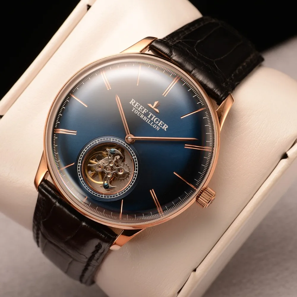 US $1.012.70 Reef TigerRT Men Luxury Brand Tourbillon Watch Blue Rose Gold Automatic Watches Genuine Leather Strap Relogio Masculine RGA1930